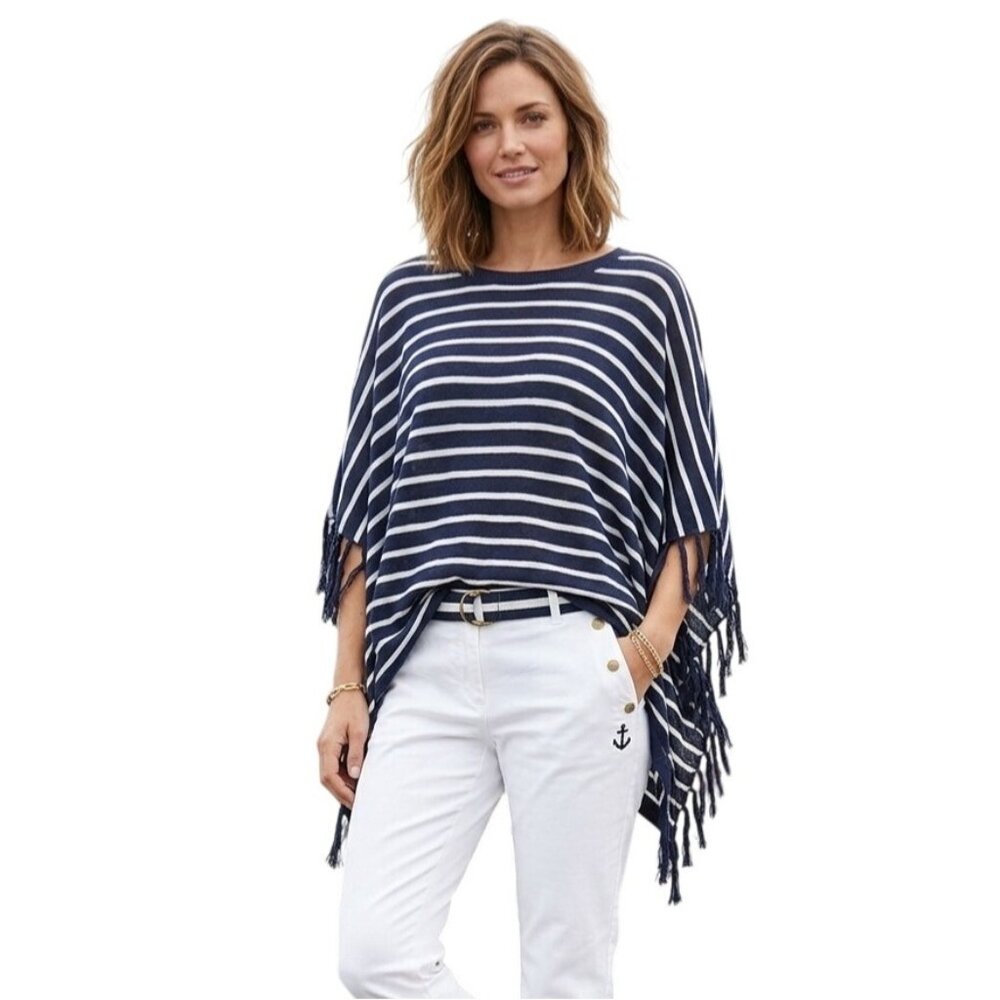 Talbots XS Blue White Striped Linen Blend Poncho Fringe Nautical Preppy Classic